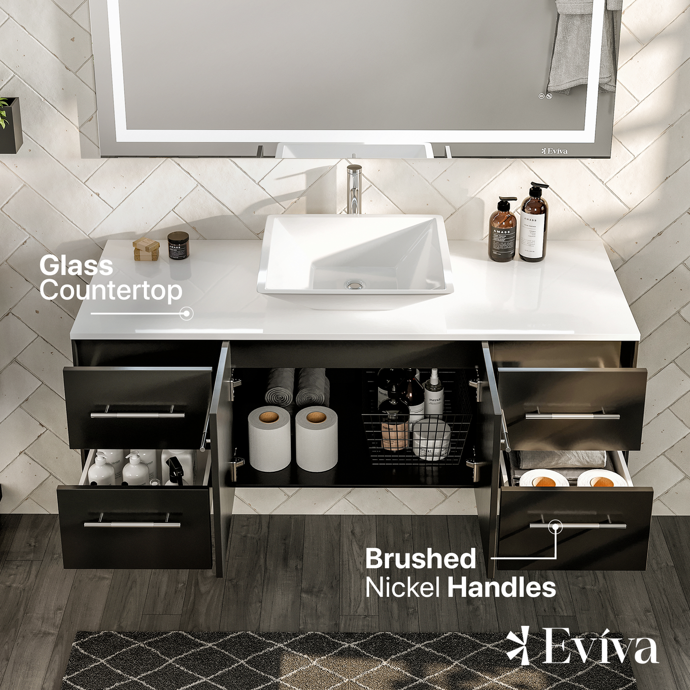 Wave 48"W x 22"D Espresso Wall Mount Bathroom Vanity with White Quartz Countertop and Vessel Porcelain Sink