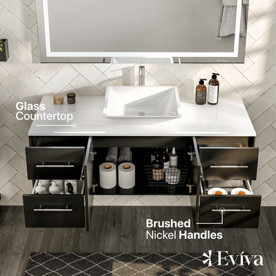 Wave 48"W x 22"D Espresso Wall Mount Bathroom Vanity with White Quartz Countertop and Vessel Porcelain Sink