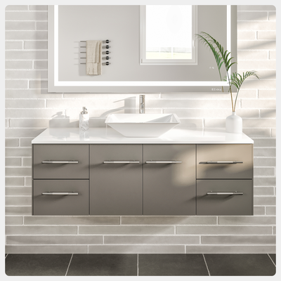 Wave 48"W x 22"D Gray Wall Mount Bathroom Vanity with White Quartz Countertop and Vessel Porcelain Sink