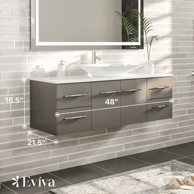 Wave 48"W x 22"D Gray Wall Mount Bathroom Vanity with White Quartz Countertop and Vessel Porcelain Sink