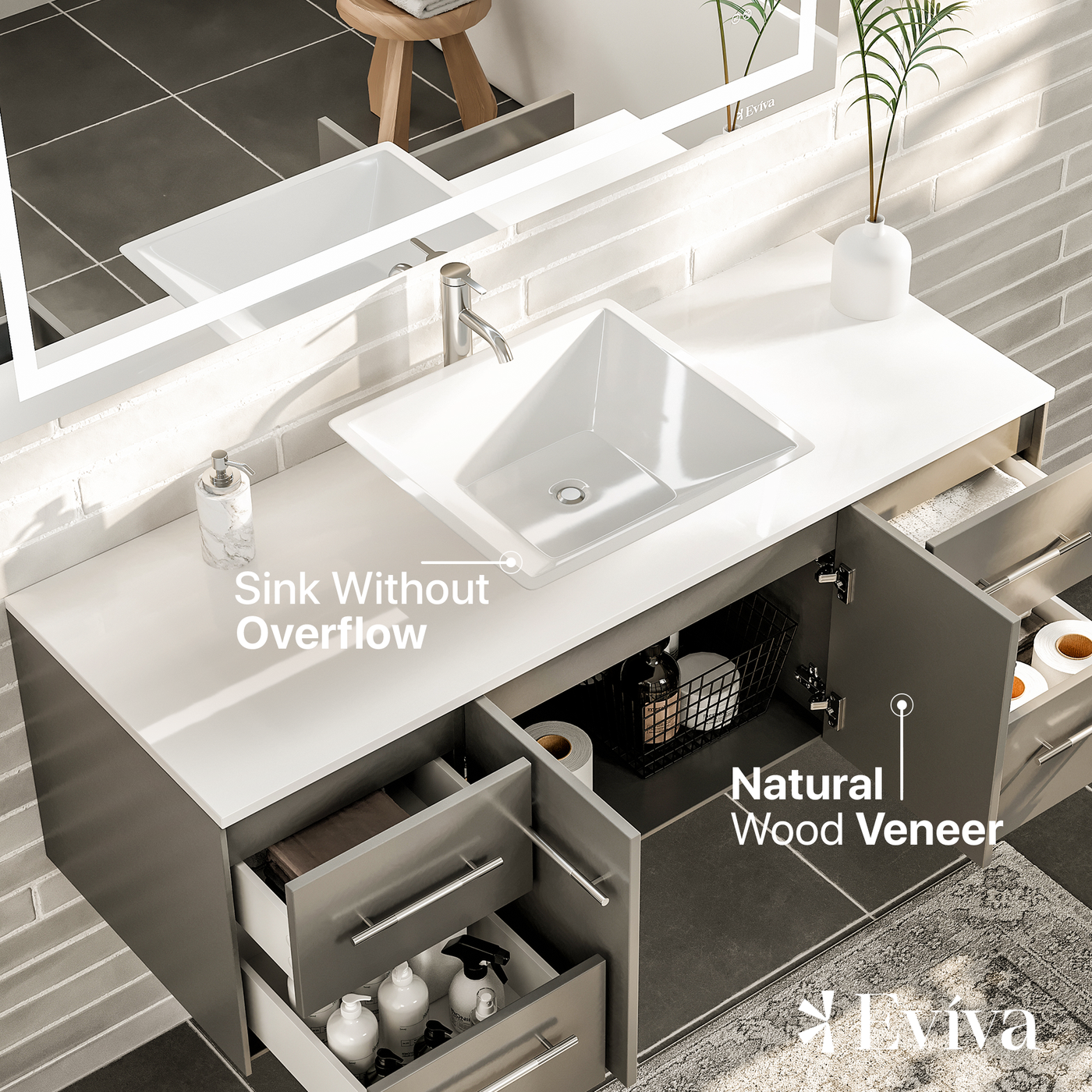 Wave 48"W x 22"D Gray Wall Mount Bathroom Vanity with White Quartz Countertop and Vessel Porcelain Sink