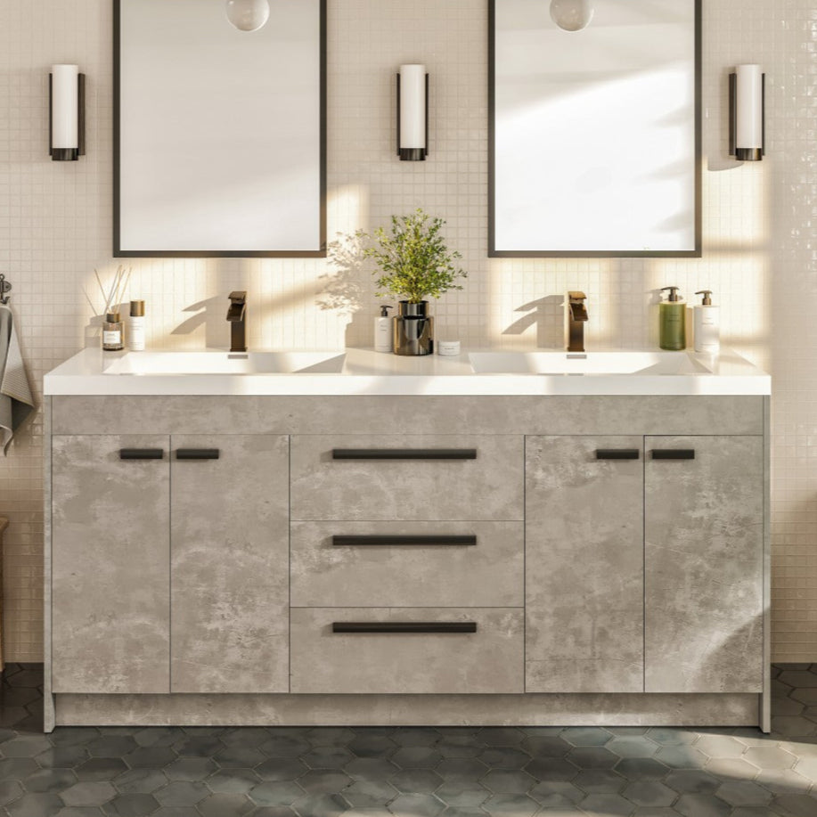 Modern Lugano 60 in. Concrete Gray Double Sink Bath Vanity with acrylic top and integrated sinks, displayed in a bathroom setting with wall mirrors and lighting fixtures.