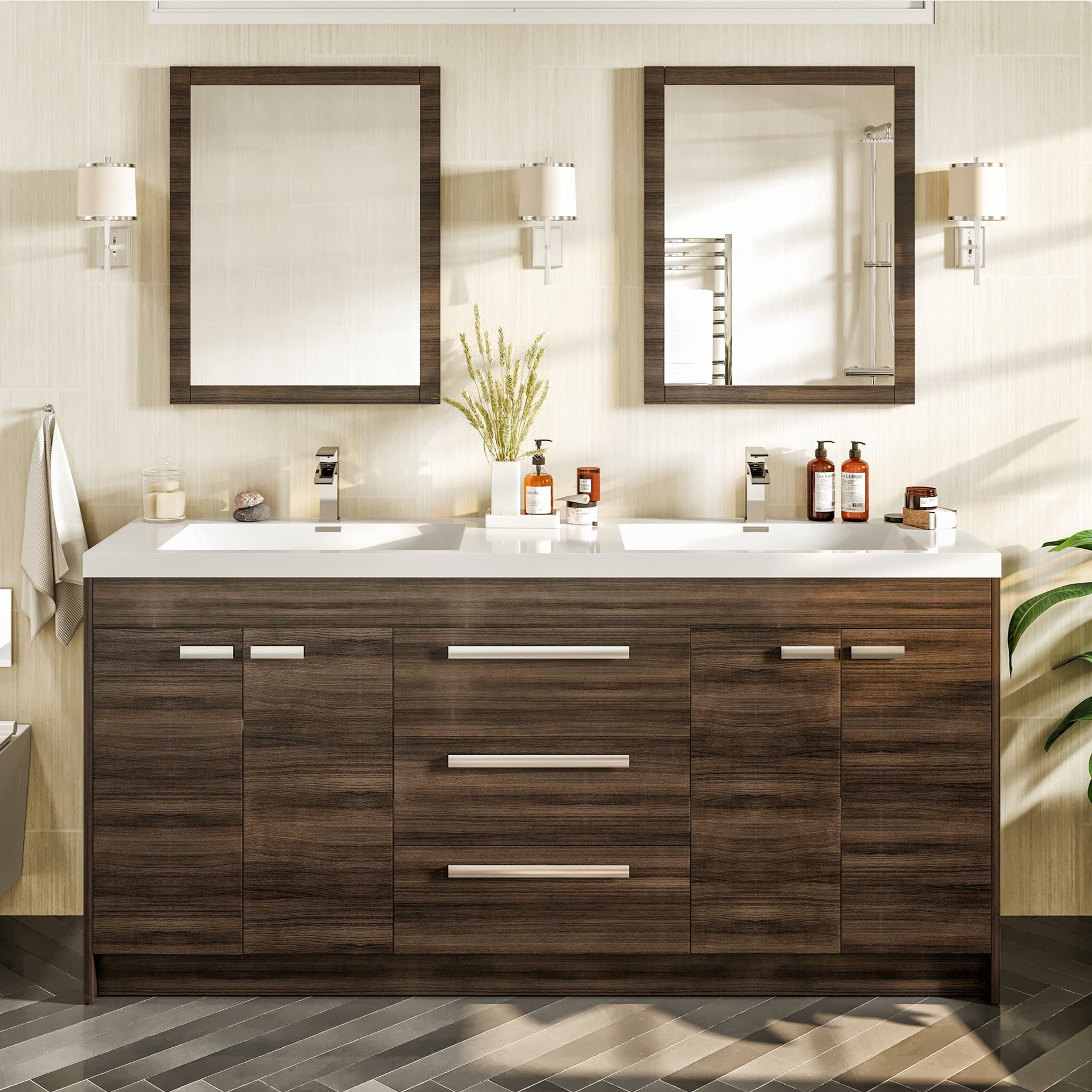 Modern Lugano 60 in. Gray Oak Double Sink Bath Vanity with an acrylic top and integrated sinks, displayed in a bathroom setting with mirrors and lighting.
