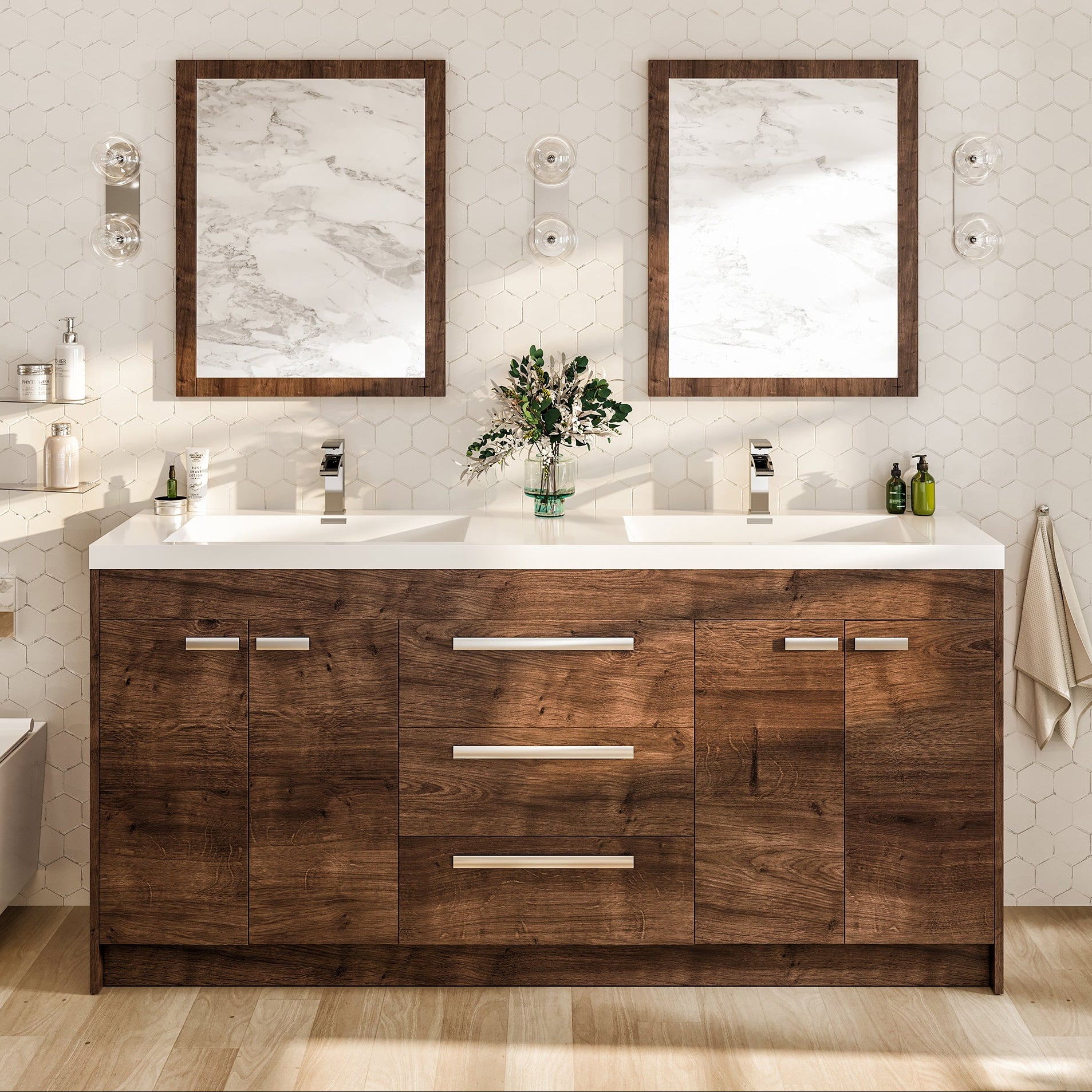Modern rosewood double sink bathroom vanity with acrylic top and integrated sinks, featuring a realistic textured finish and silver handles.