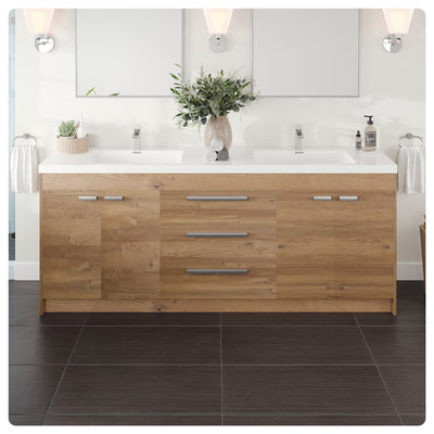 Lugano 84"W x 20"D Natural Oak Double Sink Bathroom Vanity with White Acrylic Countertop and Integrated Sinks