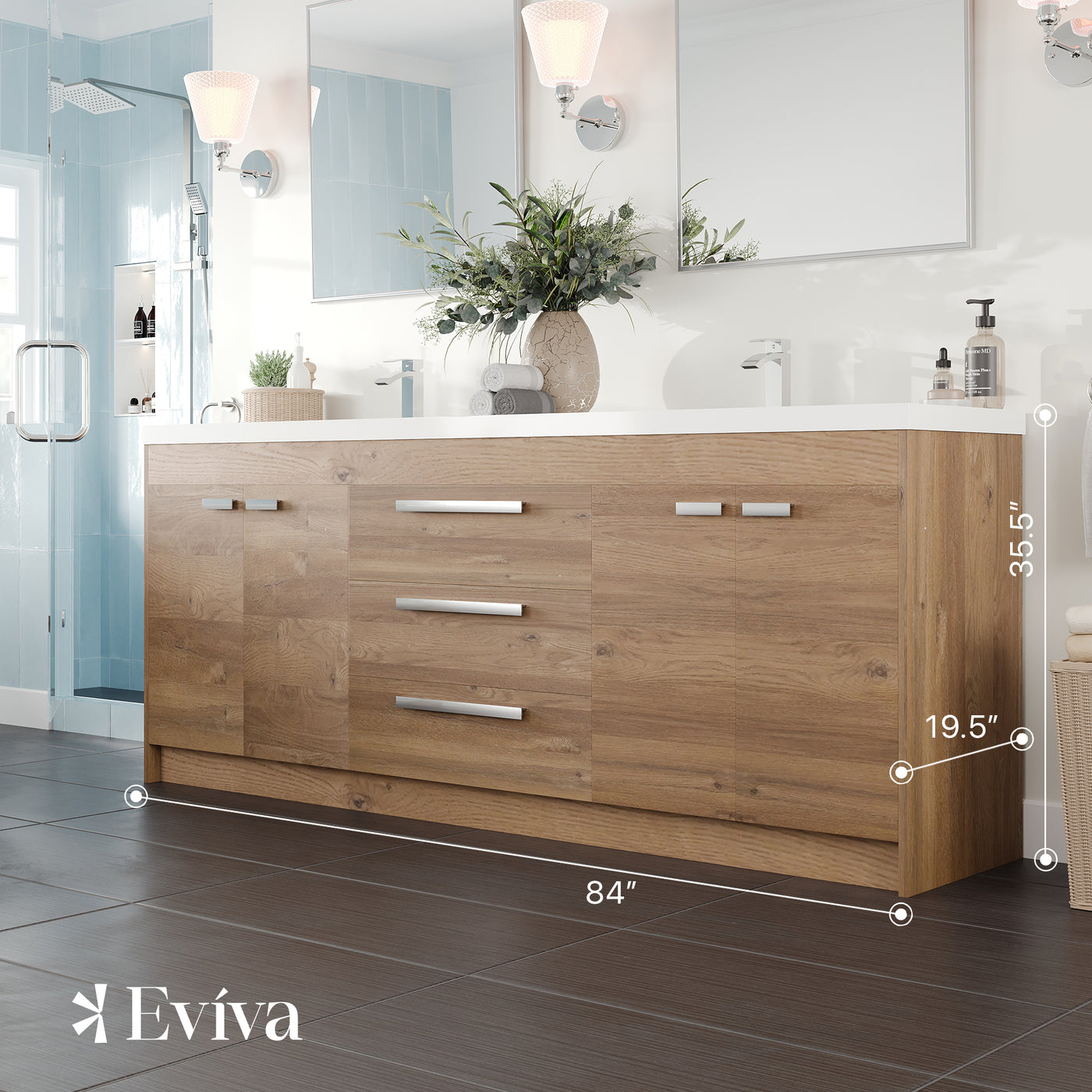 Lugano 84"W x 20"D Natural Oak Double Sink Bathroom Vanity with White Acrylic Countertop and Integrated Sinks