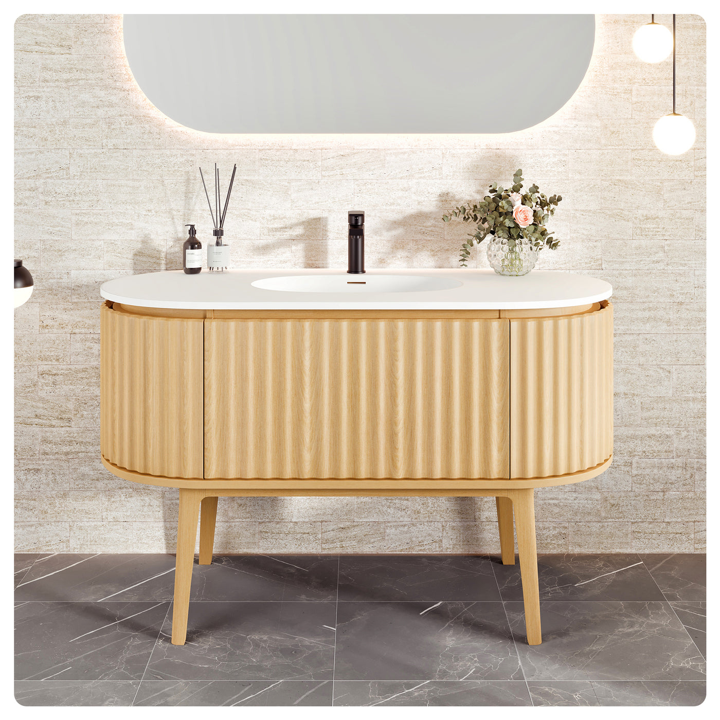 Haven 48"W x 22"D Natural Oak Bathroom Vanity with White Solid Surface Countertop and Integrated Sink