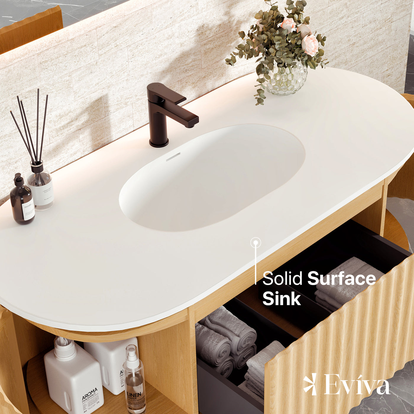 Haven 48"W x 22"D Natural Oak Bathroom Vanity with White Solid Surface Countertop and Integrated Sink