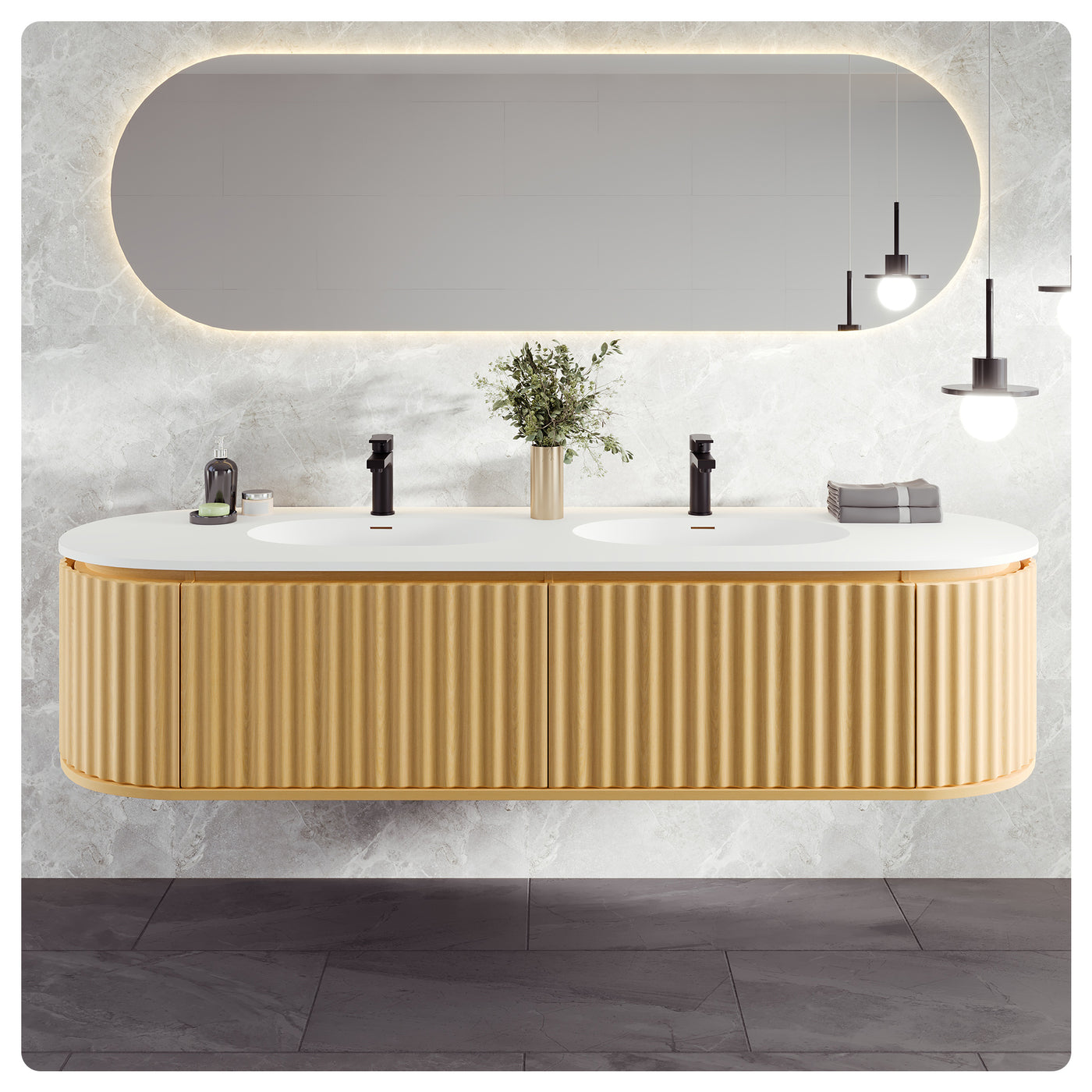 Haven 71"W x 22"D Natural Oak Wall Mount Double Sink Bathroom Vanity with White Solid Surface Countertop and Integrated Sinks