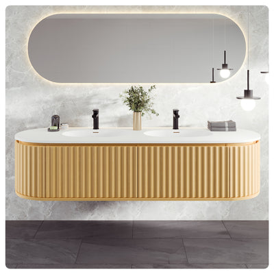 Haven 71"W x 22"D Natural Oak Wall Mount Double Sink Bathroom Vanity with White Solid Surface Countertop and Integrated Sinks