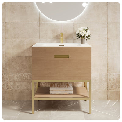 Iris 30"W x 19"D Natural Oak Bathroom Vanity with White Solid Surface Countertop and Integrated Sink