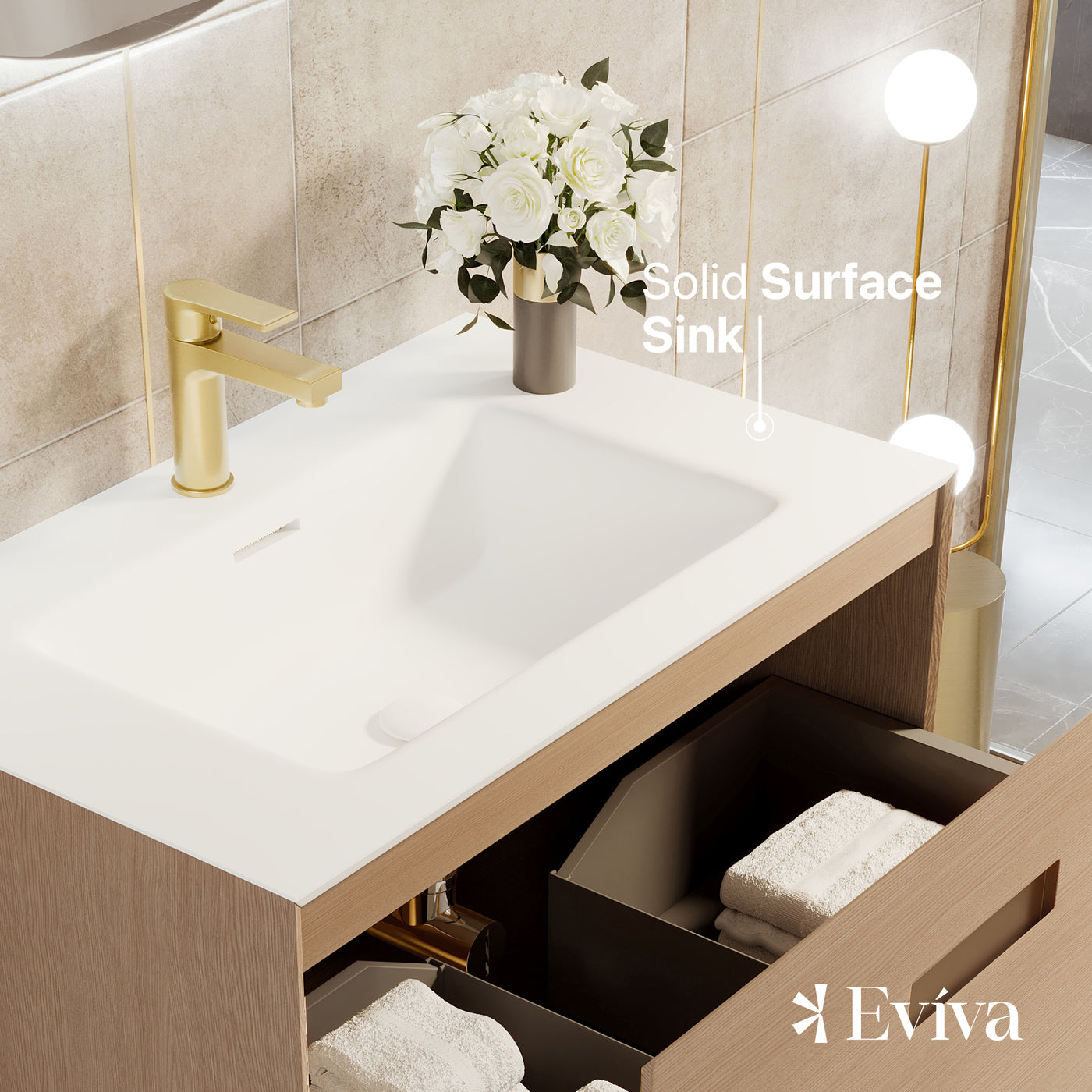 Iris 30"W x 19"D Natural Oak Bathroom Vanity with White Solid Surface Countertop and Integrated Sink