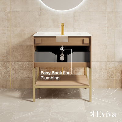 Iris 30"W x 19"D Natural Oak Bathroom Vanity with White Solid Surface Countertop and Integrated Sink