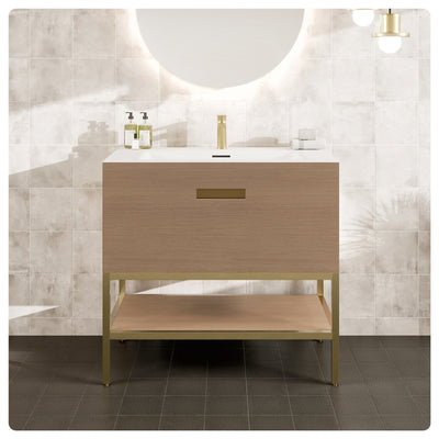 Iris 35"W x 19"D Natural Oak Bathroom Vanity with White Solid Surface Countertop and Integrated Sink