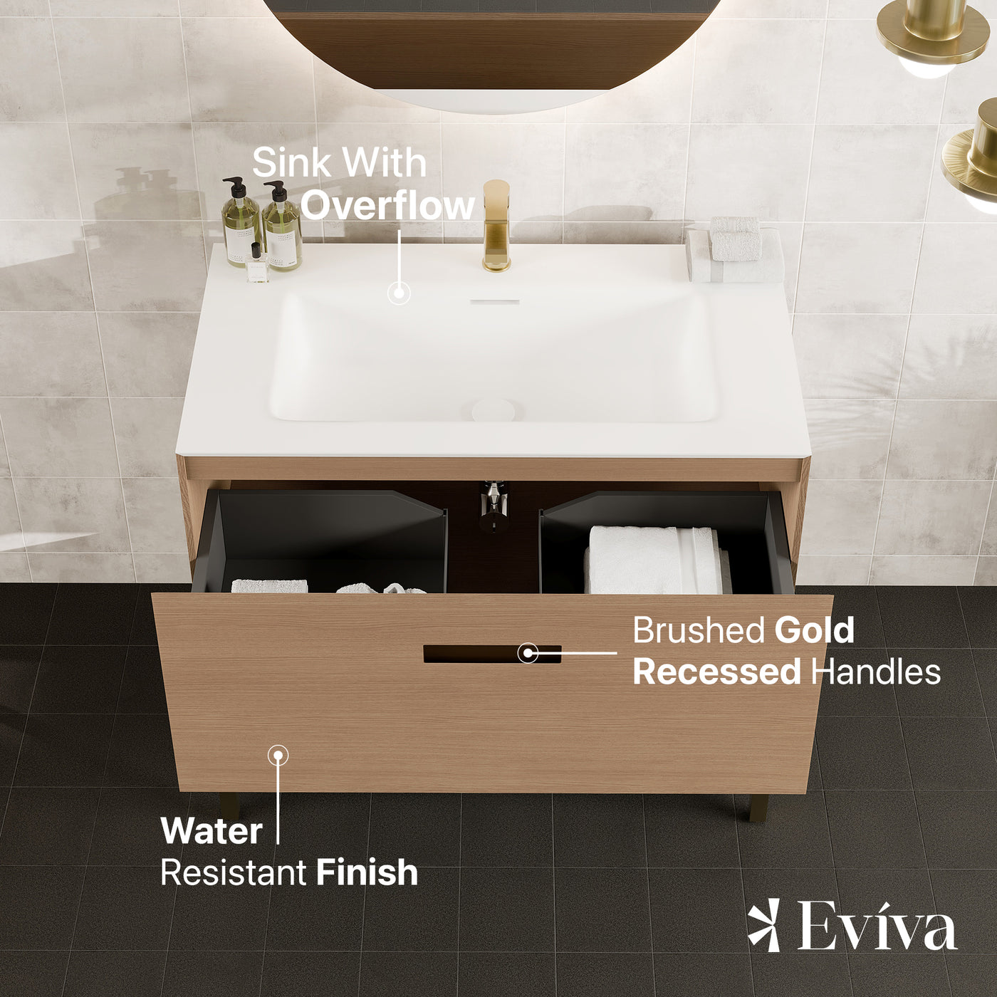 Iris 35"W x 19"D Natural Oak Bathroom Vanity with White Solid Surface Countertop and Integrated Sink