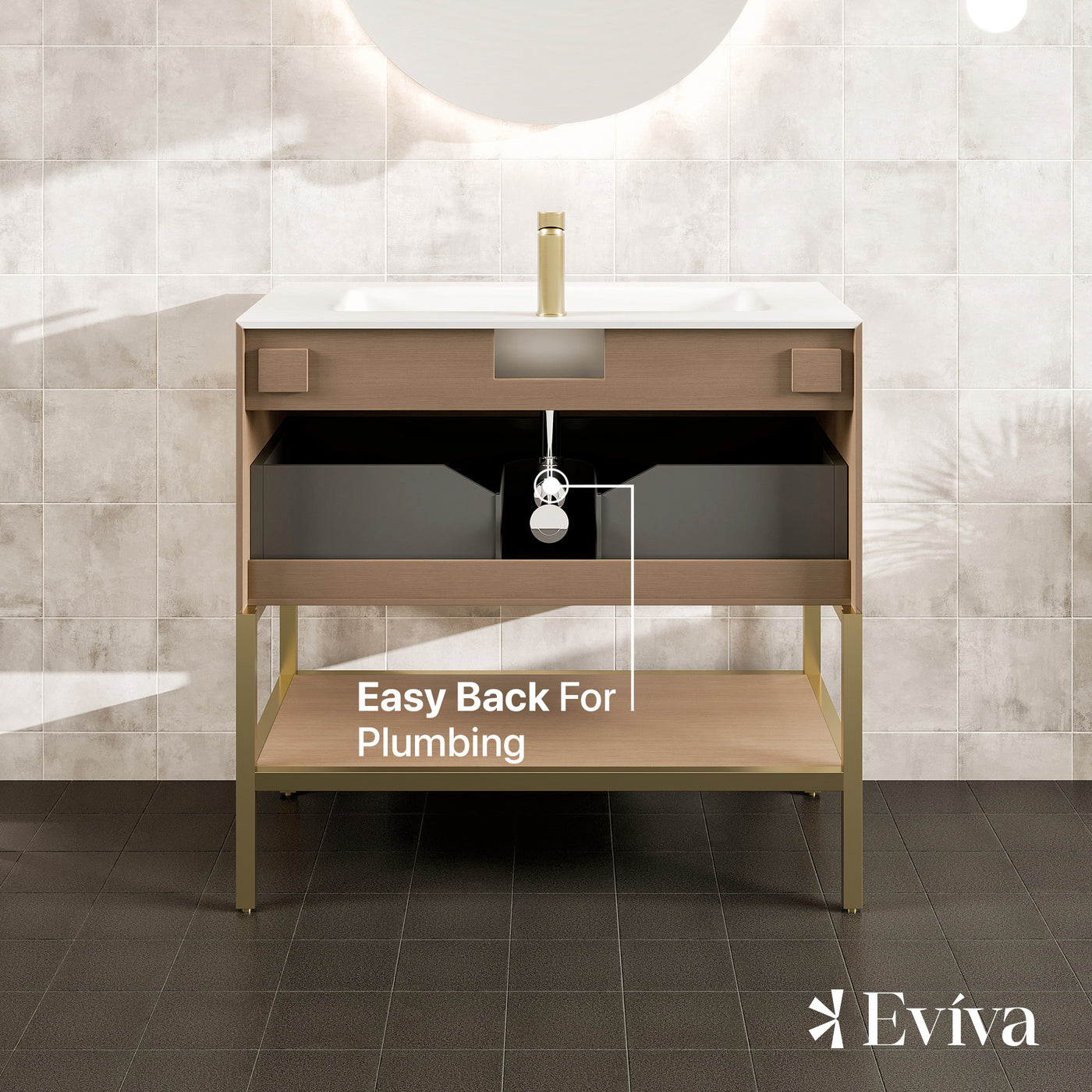 Iris 35"W x 19"D Natural Oak Bathroom Vanity with White Solid Surface Countertop and Integrated Sink