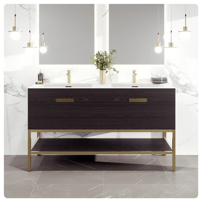 Iris 59"W x 19"D Gray Oak Double Sink Bathroom Vanity with White Solid Surface Countertop and Integrated Sinks