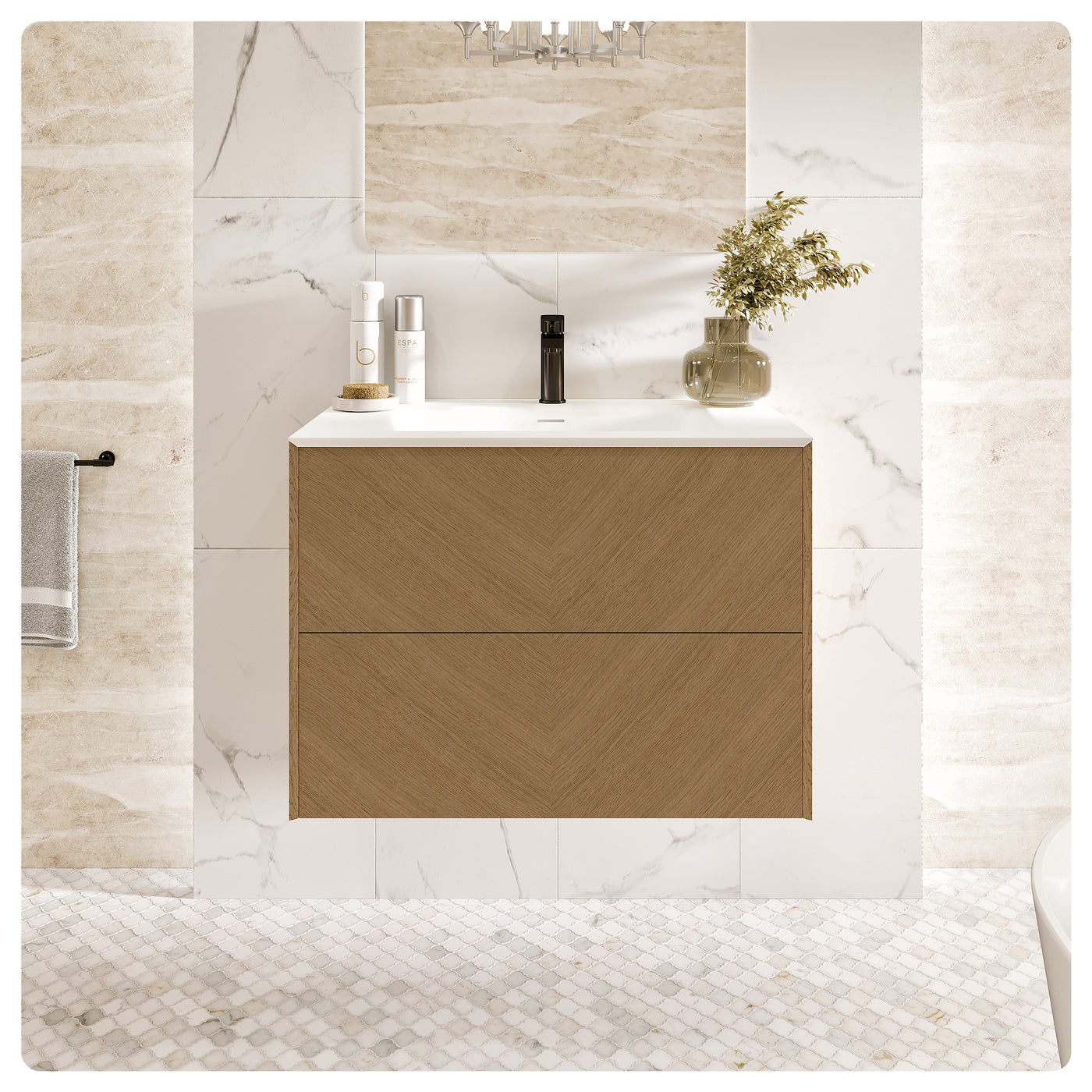 Lotus 24"W x 19"D Natural Oak Wall Mount Bathroom Vanity with White Solid Surface Countertop and Integrated Sink