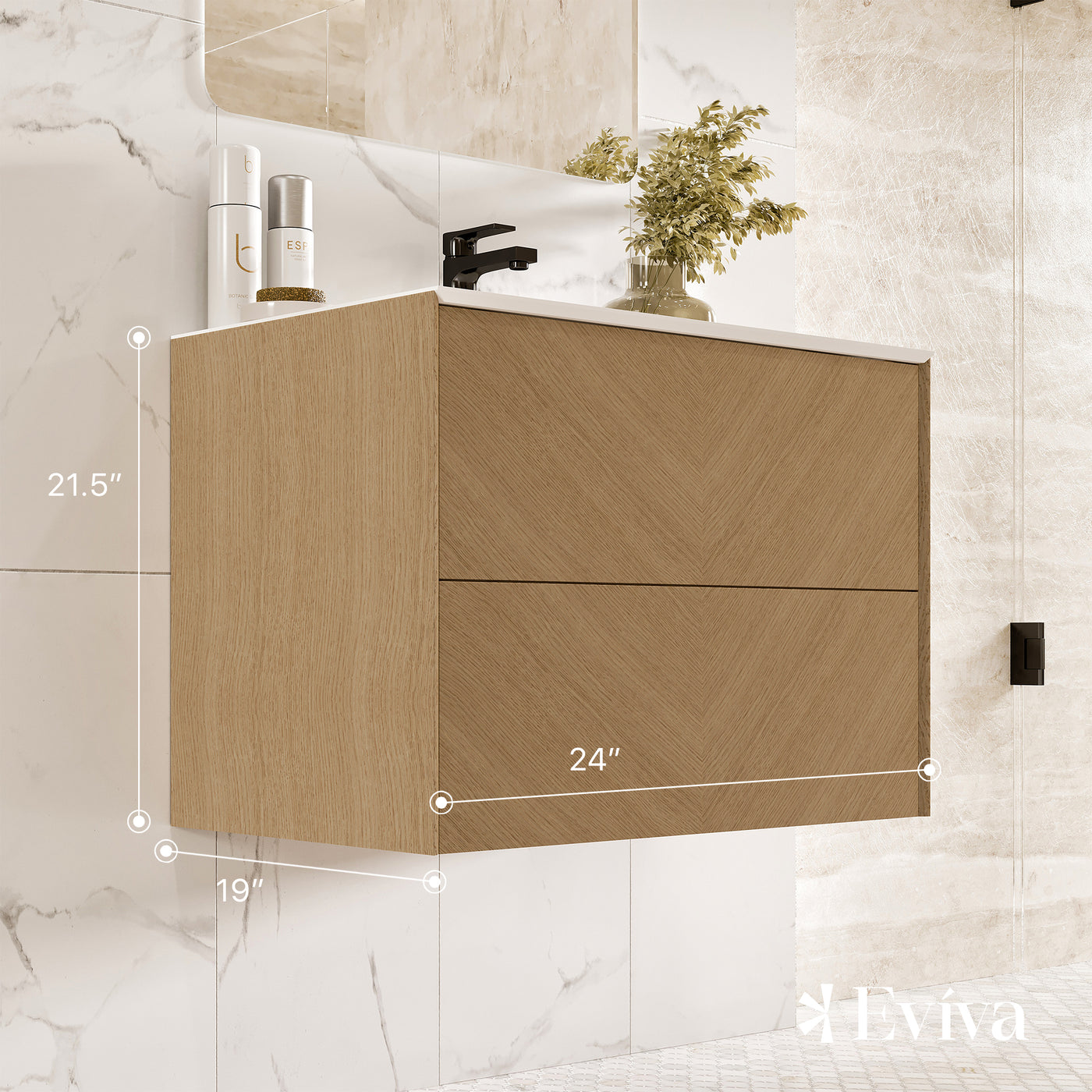 Lotus 24"W x 19"D Natural Oak Wall Mount Bathroom Vanity with White Solid Surface Countertop and Integrated Sink