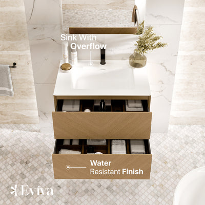 Lotus 24"W x 19"D Natural Oak Wall Mount Bathroom Vanity with White Solid Surface Countertop and Integrated Sink