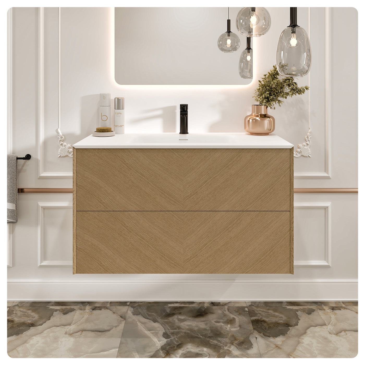 Lotus 30"W x 19"D Natural Oak Wall Mount Bathroom Vanity with White Solid Surface Countertop and Integrated Sink