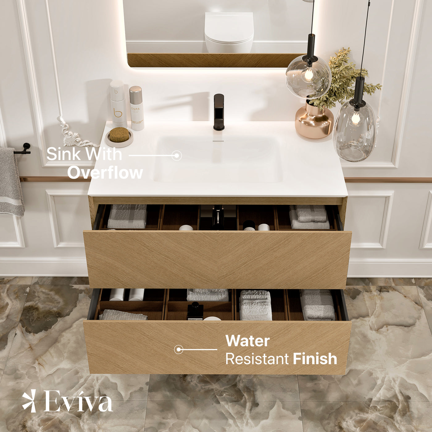 Lotus 30"W x 19"D Natural Oak Wall Mount Bathroom Vanity with White Solid Surface Countertop and Integrated Sink