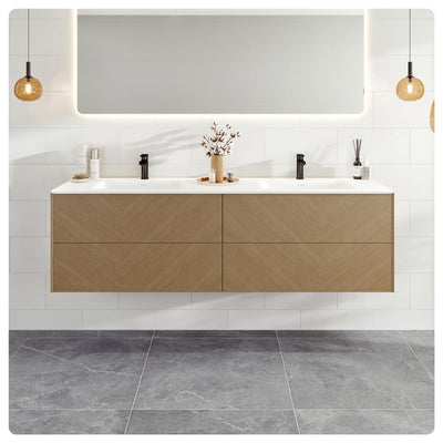 Lotus 59"W x 19"D Natural Oak Wall Mount Double Sink Bathroom Vanity with White Solid Surface Countertop and Integrated Sinks