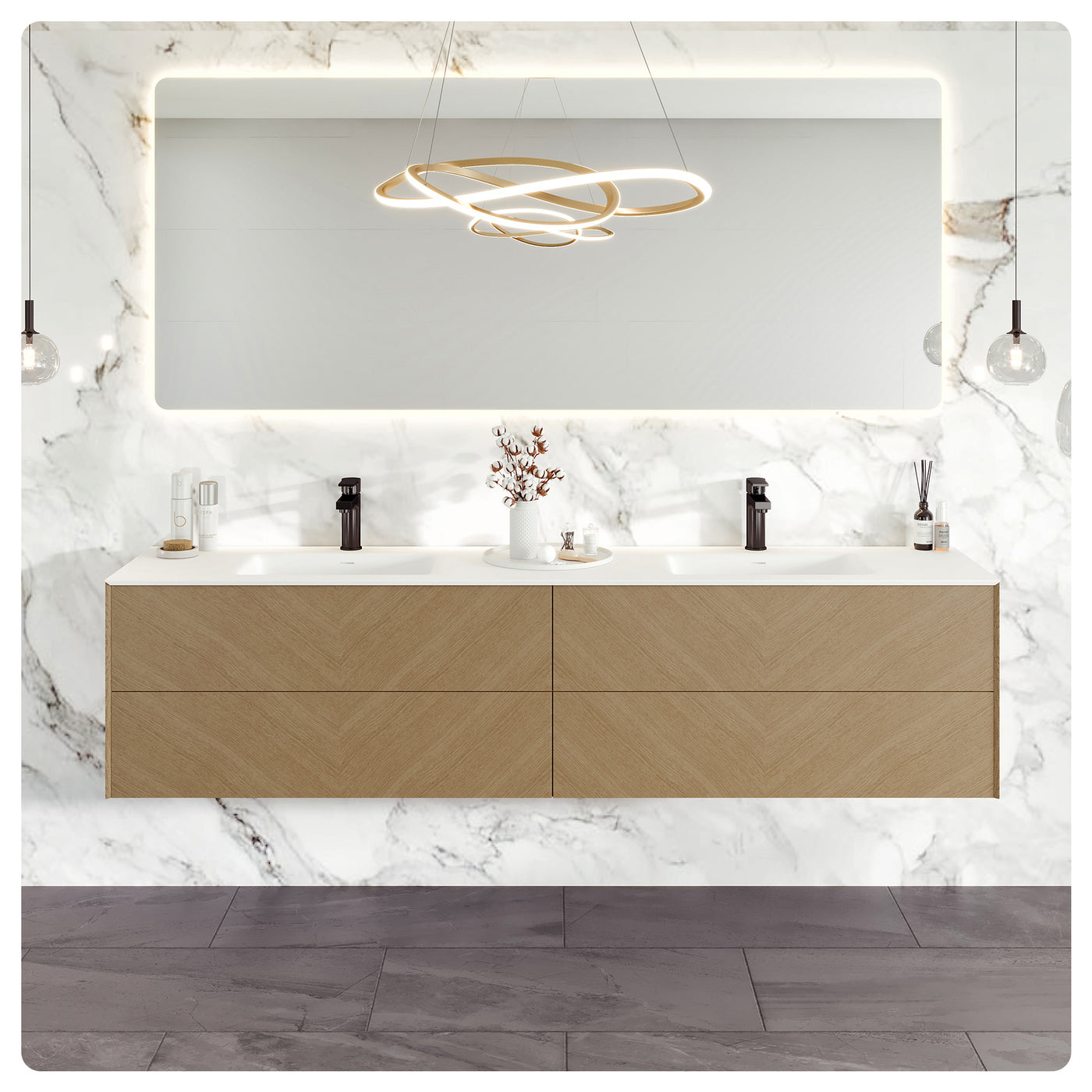 Lotus 71"W x 19"D Natural Oak Wall Mount Double Sink Bathroom Vanity with White Solid Surface Countertop and Integrated Sinks