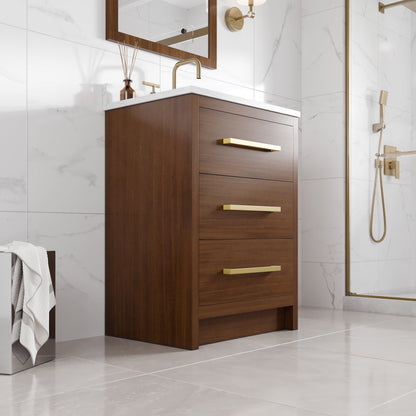 Nora 24 in. Walnut Single Sink Bath Vanity with Arabescato Engineered Stone Top and Undermount Porcelain Sink - Bathroom Vanity by Eviva