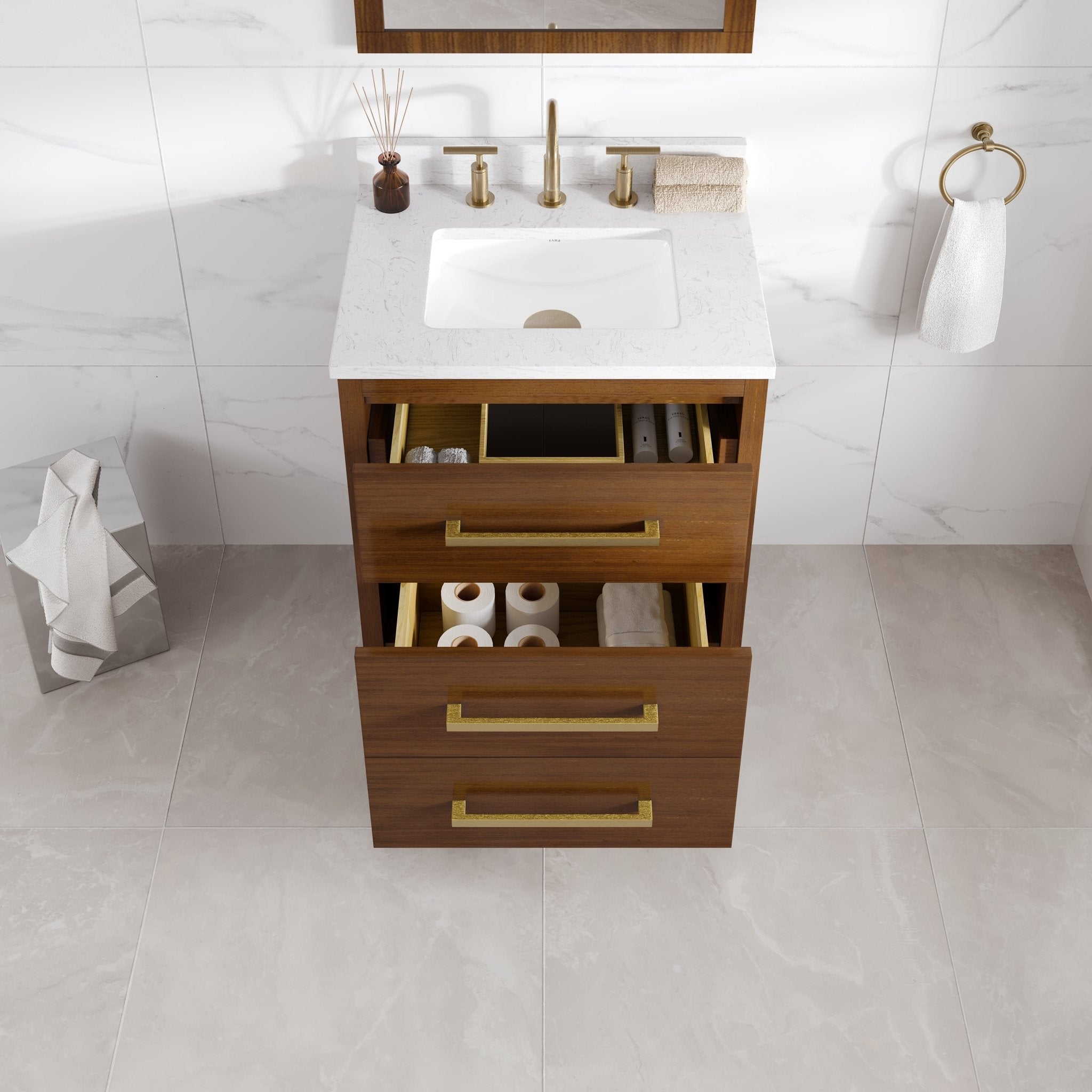 Nora 24 in. Walnut Single Sink Bath Vanity with Arabescato Engineered Stone Top and Undermount Porcelain Sink - Bathroom Vanity by Eviva