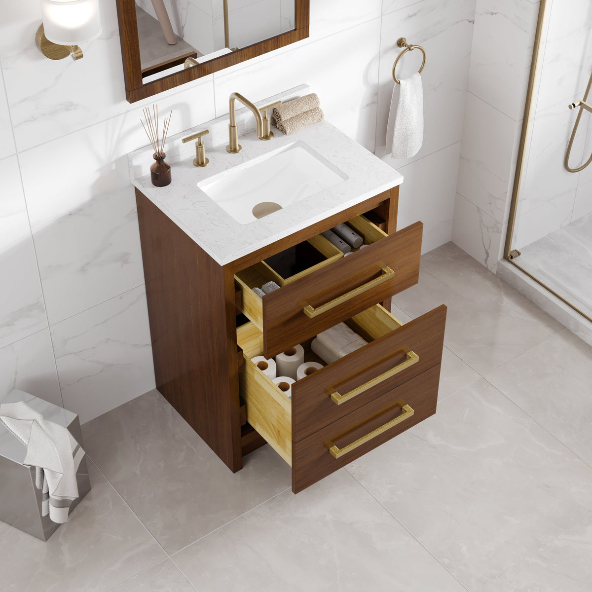 Nora 24 in. Walnut Single Sink Bath Vanity with Arabescato Engineered Stone Top and Undermount Porcelain Sink - Bathroom Vanity by Eviva