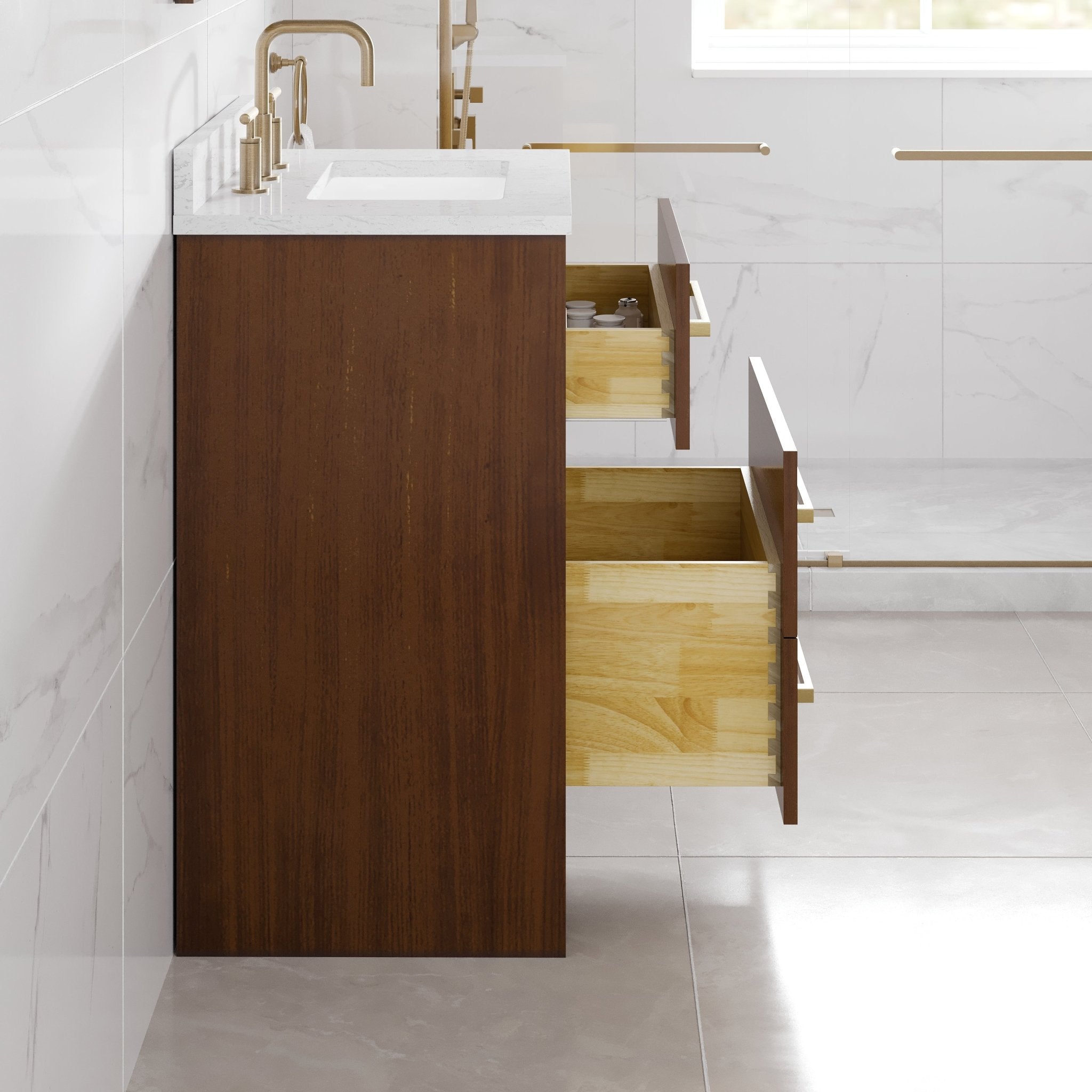 Nora 24 in. Walnut Single Sink Bath Vanity with Arabescato Engineered Stone Top and Undermount Porcelain Sink - Bathroom Vanity by Eviva