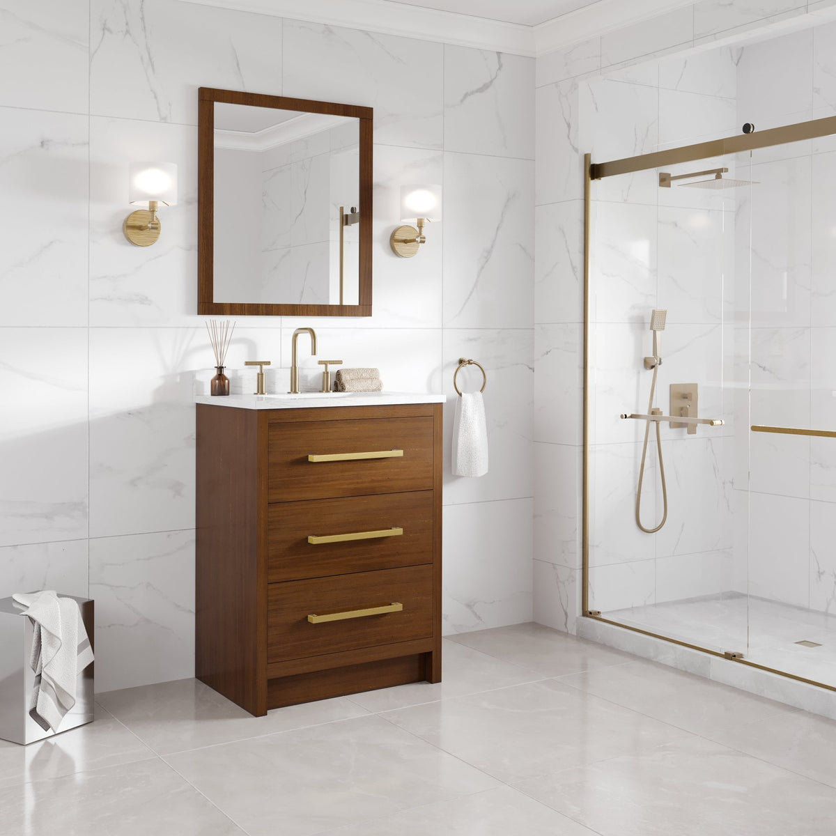 Nora 24 in. Walnut Single Sink Bath Vanity with Arabescato Engineered Stone Top and Undermount Porcelain Sink - Bathroom Vanity by Eviva