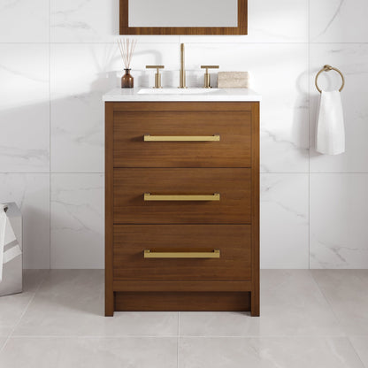 Nora 24 in. Walnut Single Sink Bath Vanity with Arabescato Engineered Stone Top and Undermount Porcelain Sink - Bathroom Vanity by Eviva
