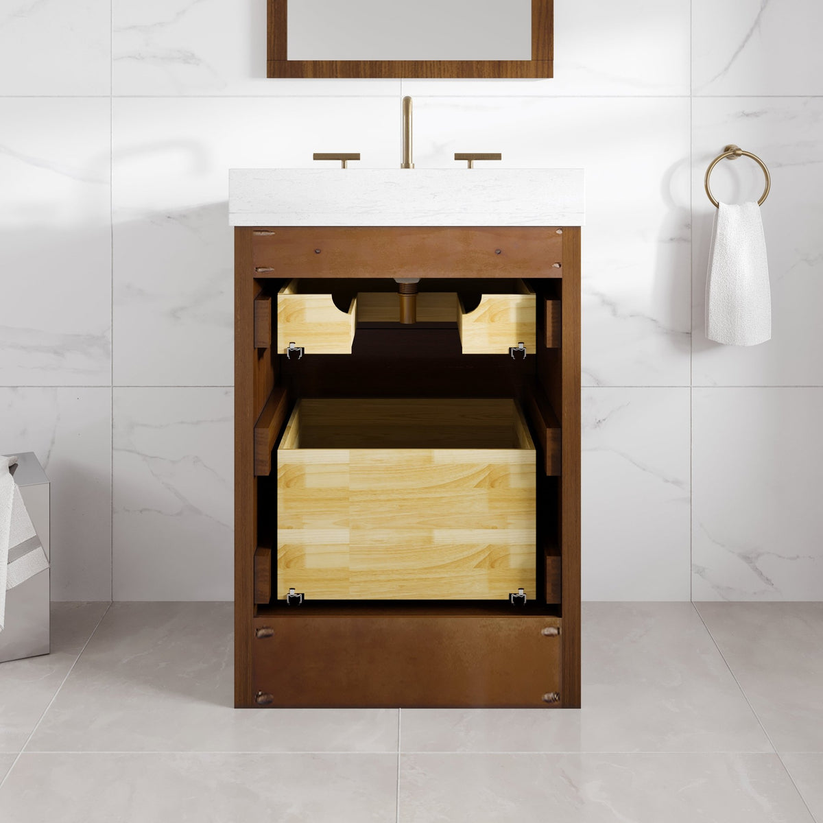 Nora 24 in. Walnut Single Sink Bath Vanity with Arabescato Engineered Stone Top and Undermount Porcelain Sink - Bathroom Vanity by Eviva