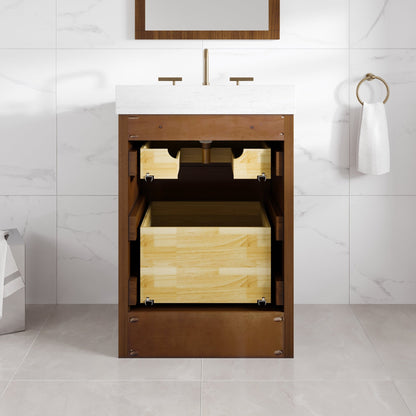 Nora 24 in. Walnut Single Sink Bath Vanity with Arabescato Engineered Stone Top and Undermount Porcelain Sink - Bathroom Vanity by Eviva