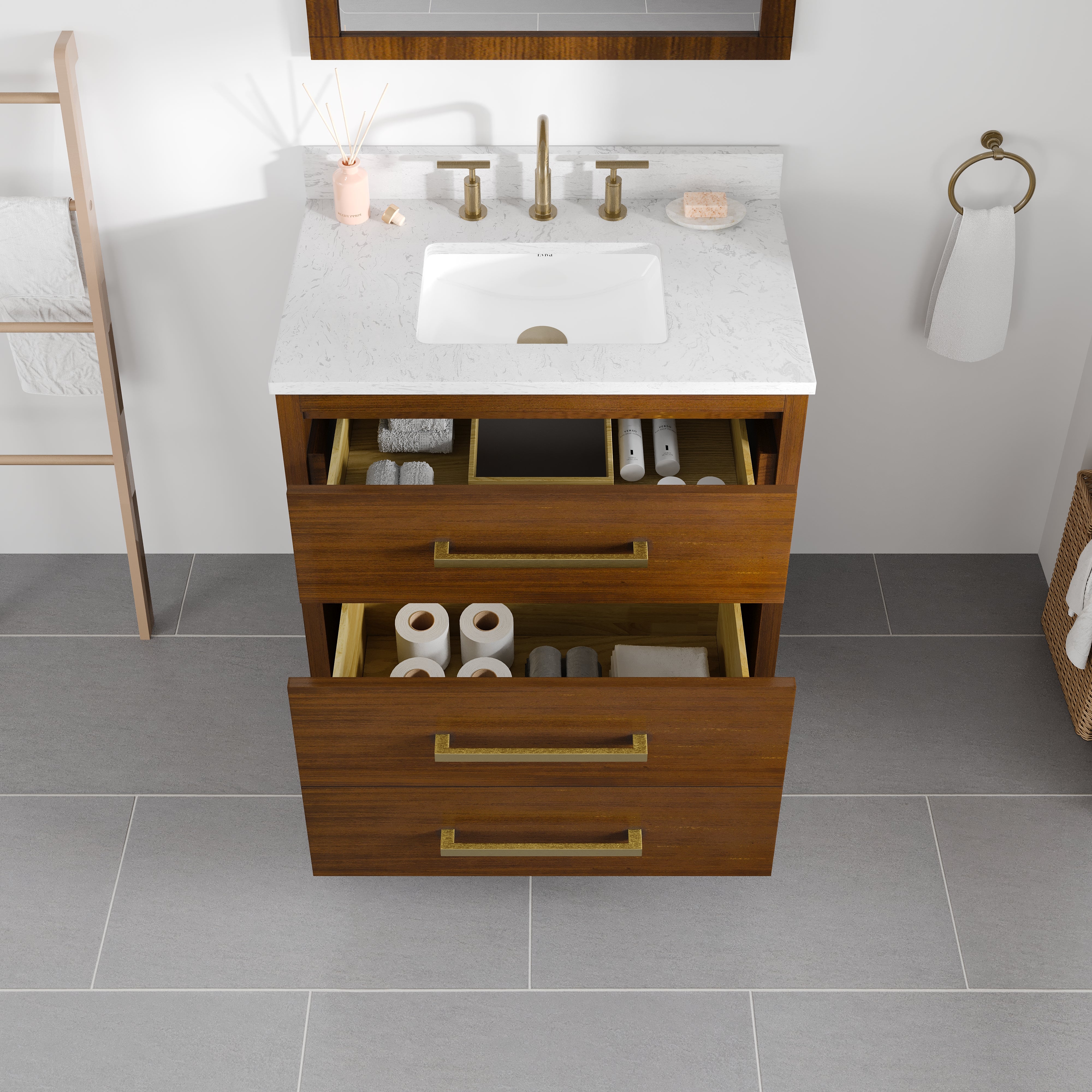 Nora 30 in. Walnut Single Sink Bath Vanity with Arabescato Engineered Stone Top and Undermount Porcelain Sink