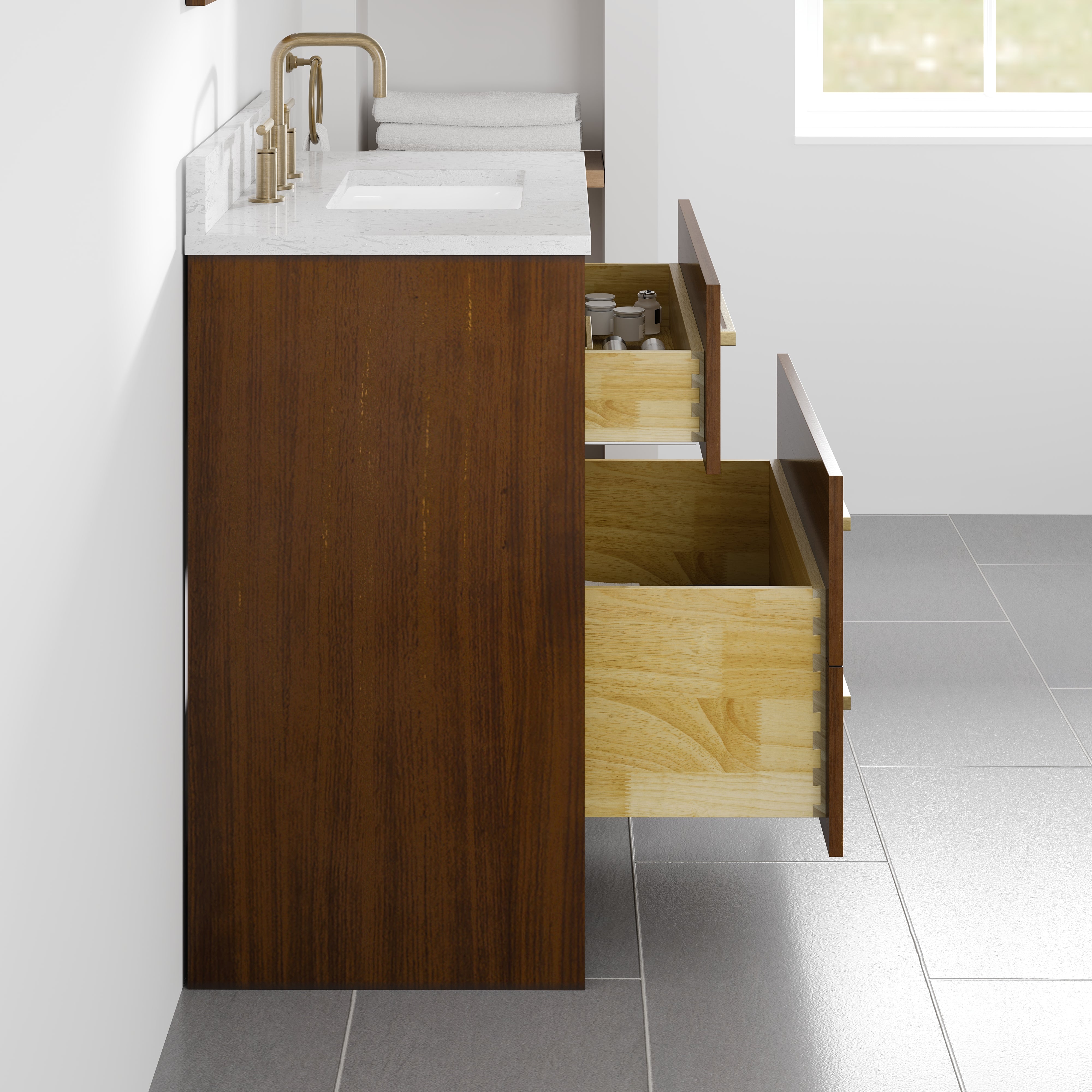 Nora 30 in. Walnut Single Sink Bath Vanity with Arabescato Engineered Stone Top and Undermount Porcelain Sink
