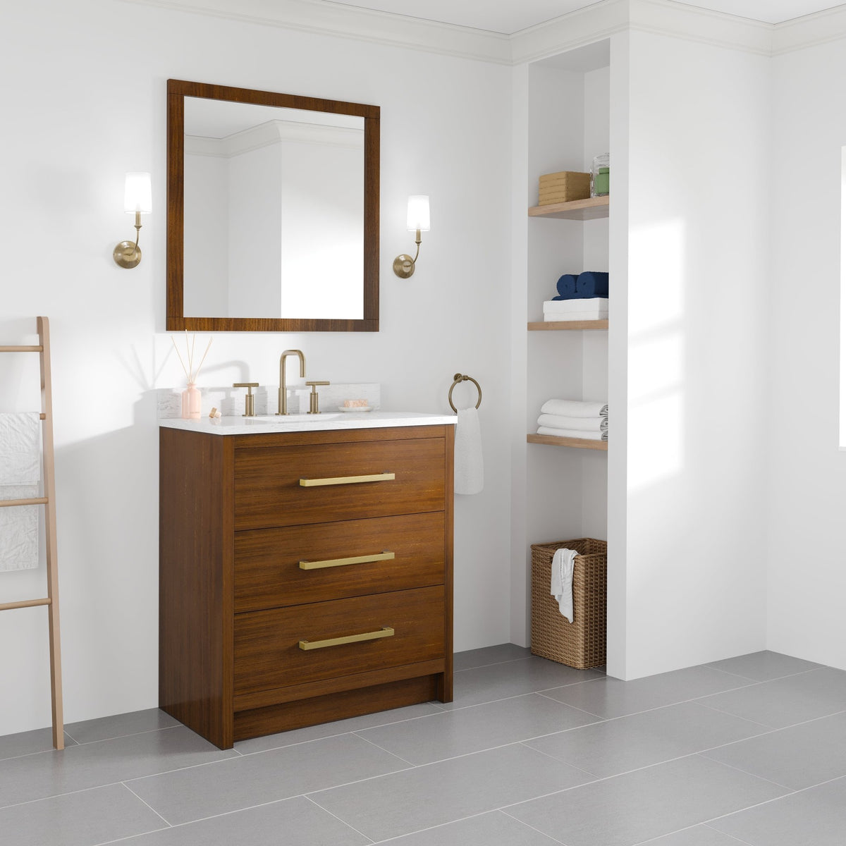 Nora 30 in. Walnut Single Sink Bath Vanity with Arabescato Engineered Stone Top and Undermount Porcelain Sink - Bathroom Vanity by Eviva