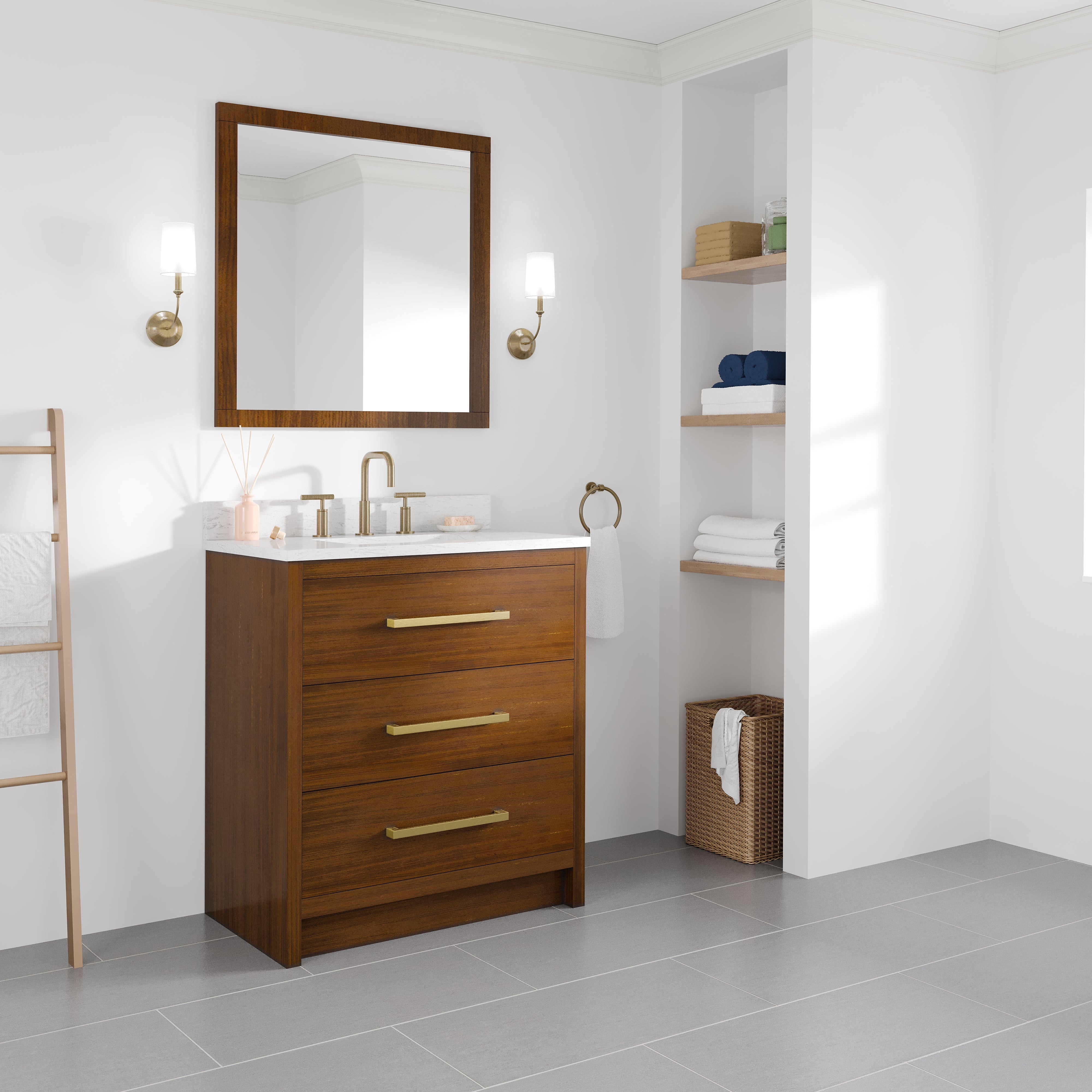 Nora 30 in. Walnut Single Sink Bath Vanity with Arabescato Engineered Stone Top and Undermount Porcelain Sink