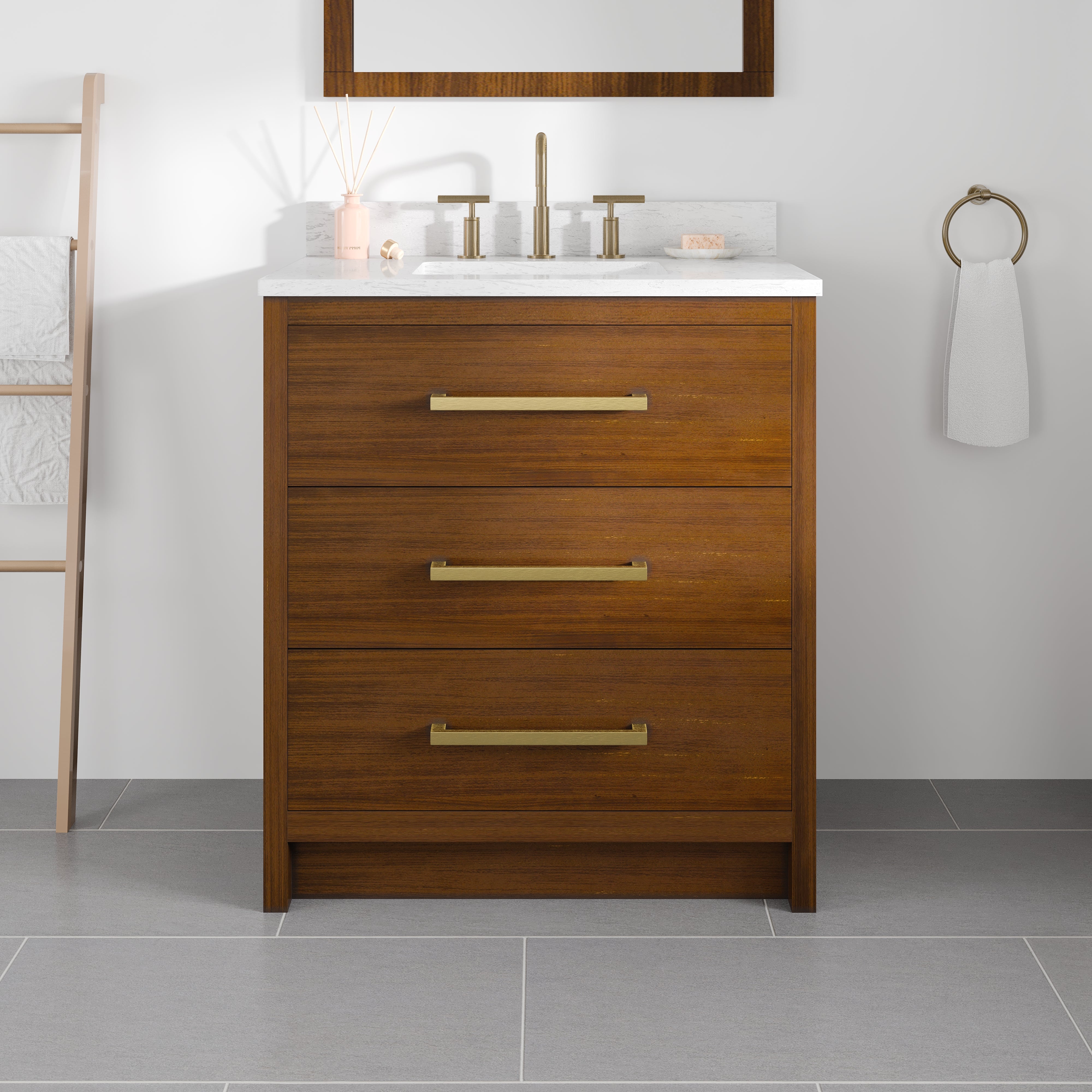 Nora 30 in. Walnut Single Sink Bath Vanity with Arabescato Engineered Stone Top and Undermount Porcelain Sink