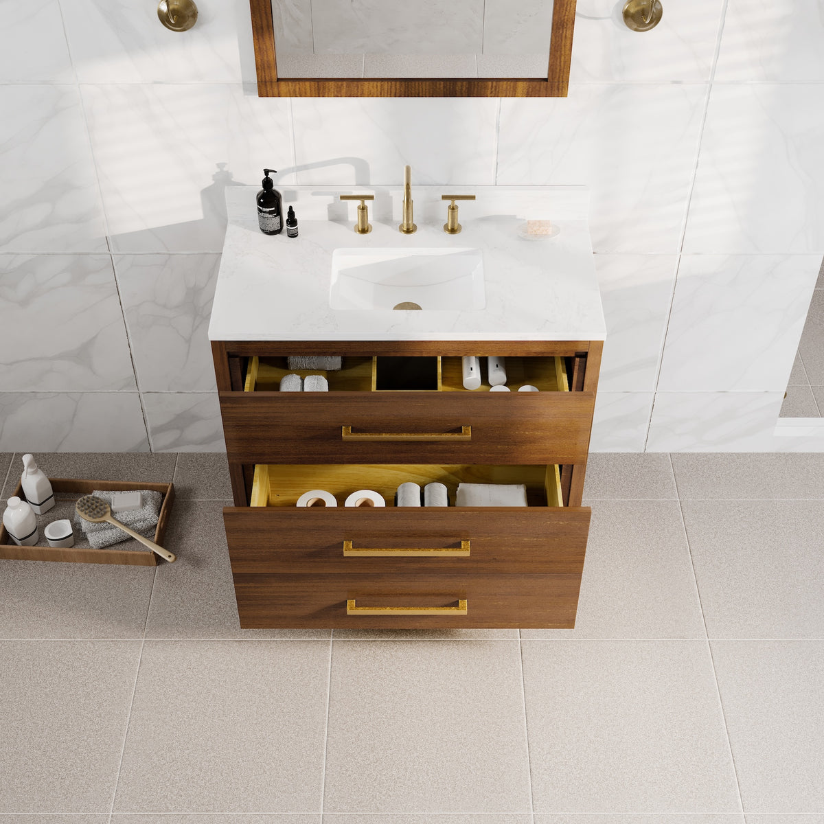 Nora 36 in. Walnut Single Sink Bath Vanity with Arabescato Engineered Stone Top and Undermount Porcelain Sink - Bathroom Vanity by Eviva