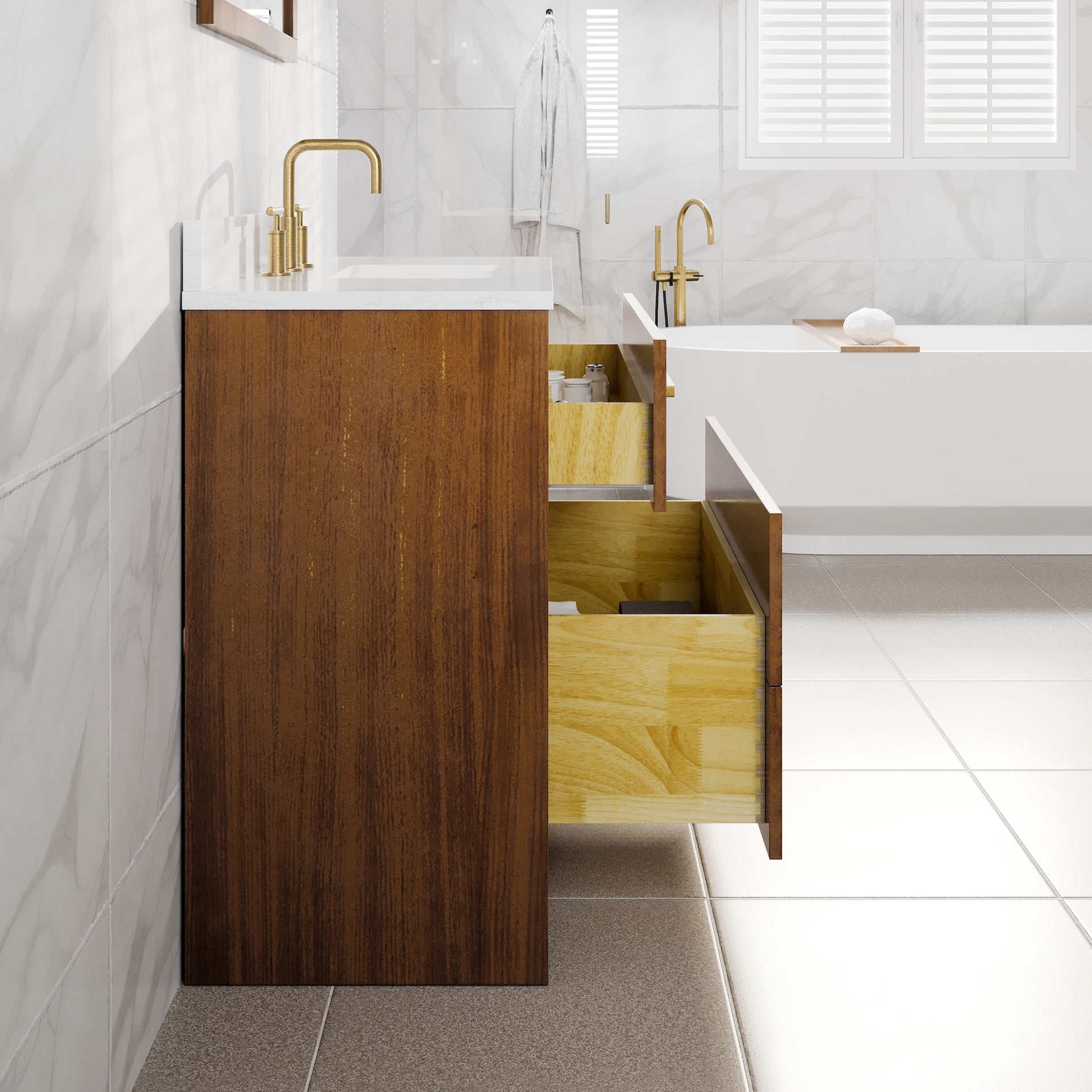 Nora 36 in. Walnut Single Sink Bath Vanity with Arabescato Engineered Stone Top and Undermount Porcelain Sink - Bathroom Vanity by Eviva