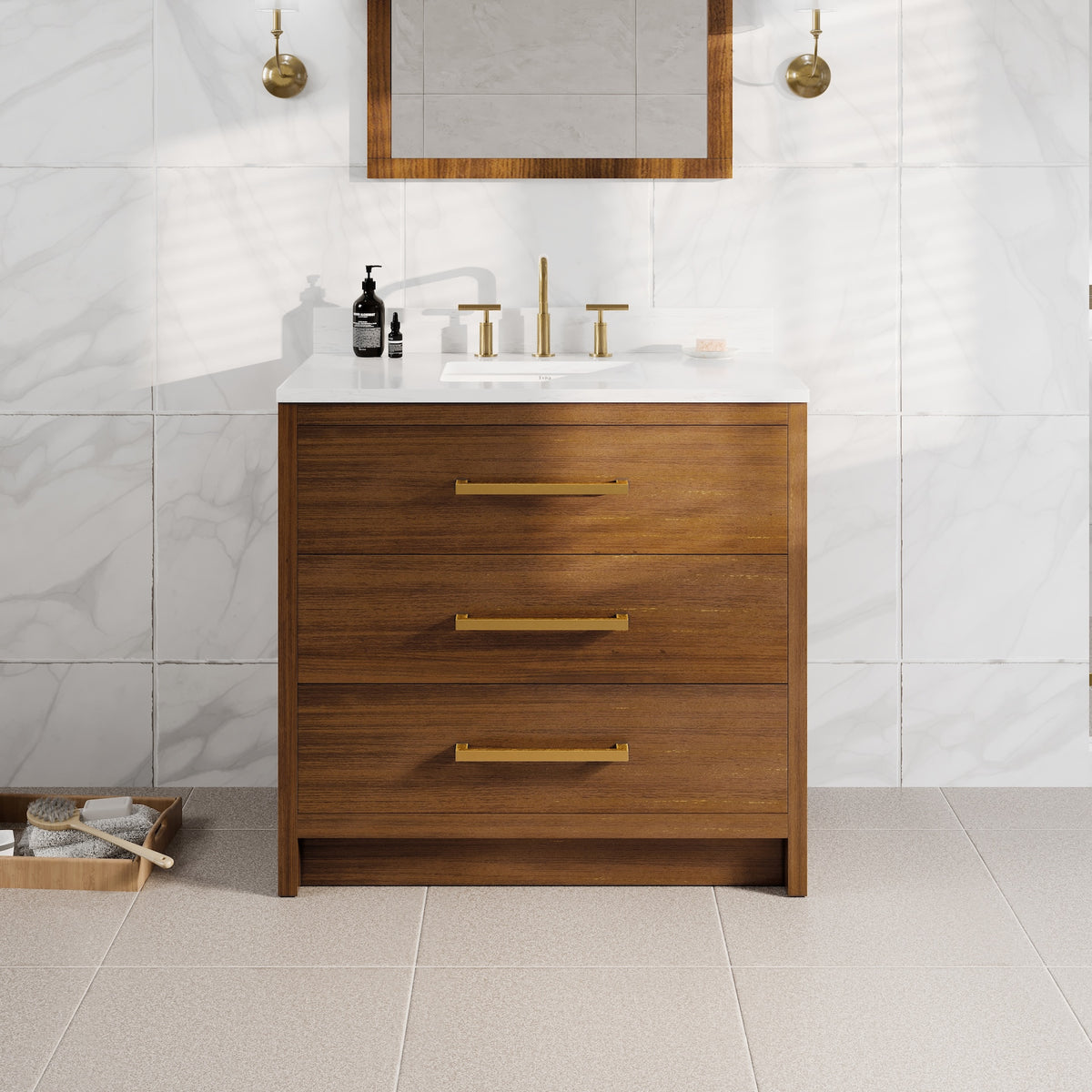 Nora 36 in. Walnut Single Sink Bath Vanity with Arabescato Engineered Stone Top and Undermount Porcelain Sink - Bathroom Vanity by Eviva