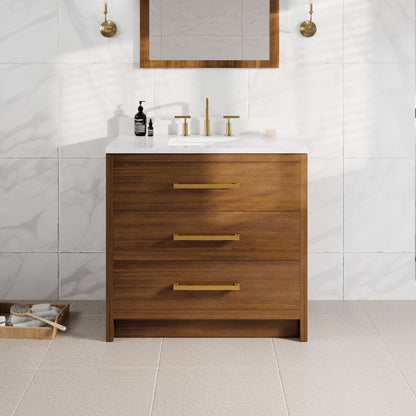 Nora 36 in. Walnut Single Sink Bath Vanity with Arabescato Engineered Stone Top and Undermount Porcelain Sink - Bathroom Vanity by Eviva