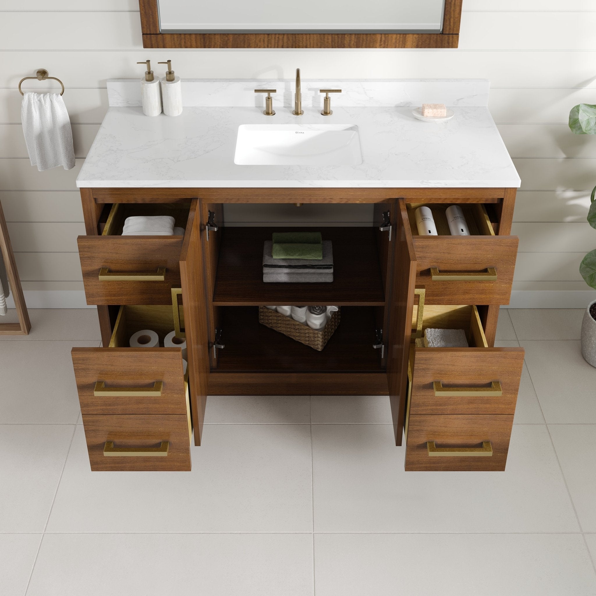 Nora 48 in. Walnut Single Sink Bath Vanity with Arabescato Engineered Stone Top and Undermount Porcelain Sink - Bathroom Vanity by Eviva