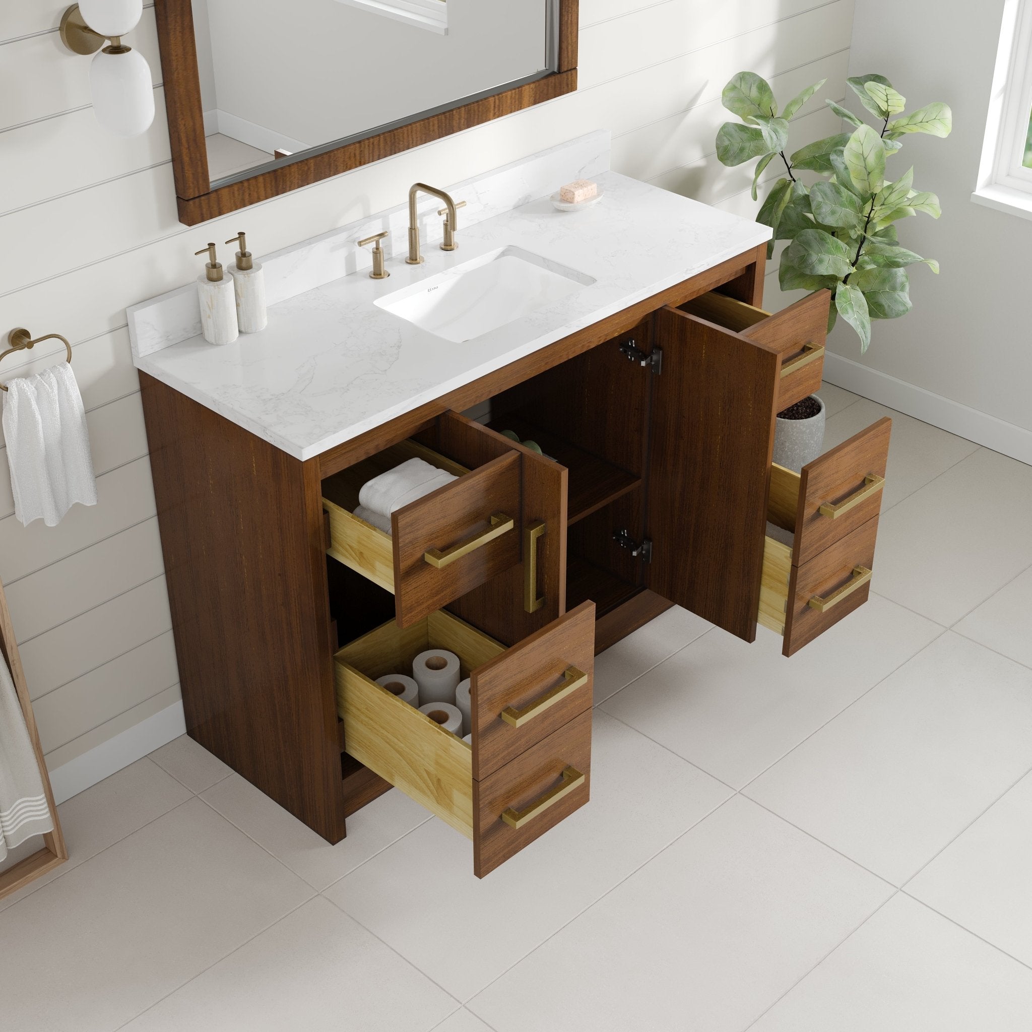 Nora 48 in. Walnut Single Sink Bath Vanity with Arabescato Engineered Stone Top and Undermount Porcelain Sink - Bathroom Vanity by Eviva