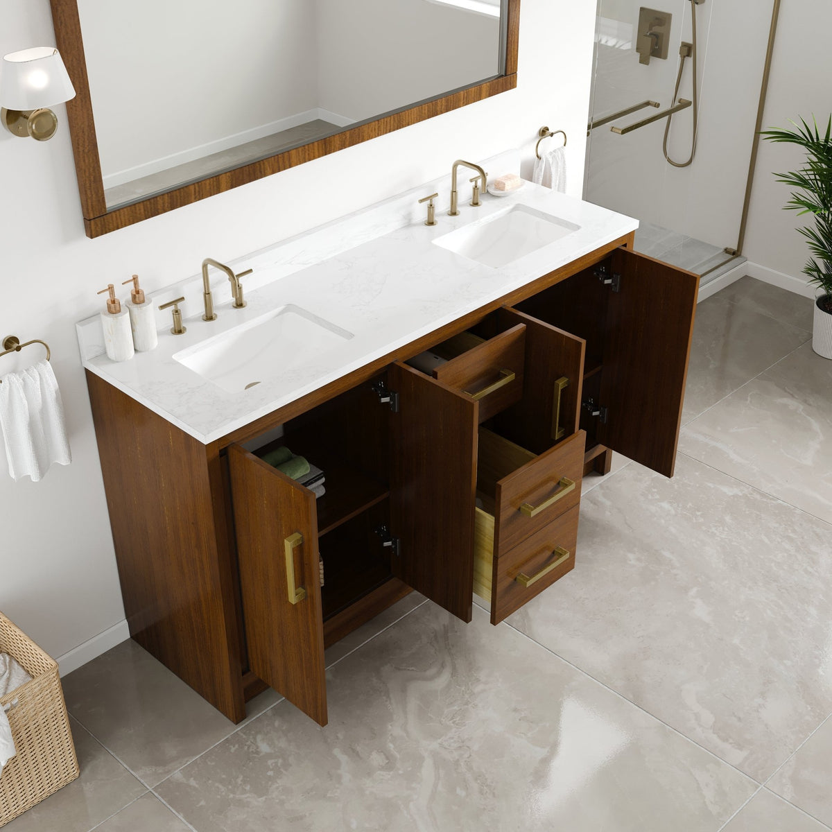 Nora 60 in. Walnut Double Sink Bath Vanity with Arabescato Engineered Stone Top and Undermount Porcelain Sinks - Bathroom Vanity by Eviva