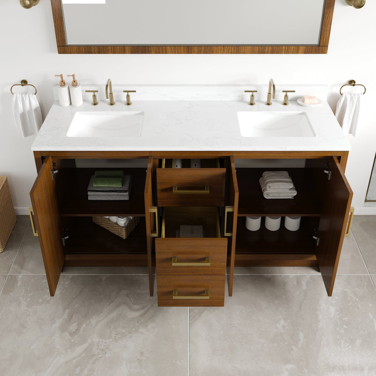 Nora 60 in. Walnut Double Sink Bath Vanity with Arabescato Engineered Stone Top and Undermount Porcelain Sinks - Bathroom Vanity by Eviva