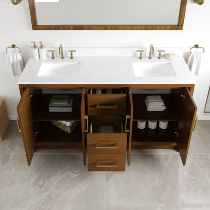 Nora 60 in. Walnut Double Sink Bath Vanity with Arabescato Engineered Stone Top and Undermount Porcelain Sinks - Bathroom Vanity by Eviva